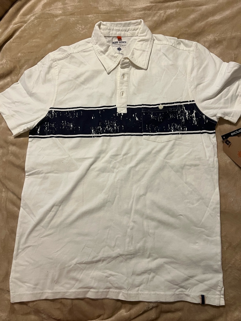 NWT New Men's Ruff Hewn Antique White (Cream) Polo with Navy Chest Band Small